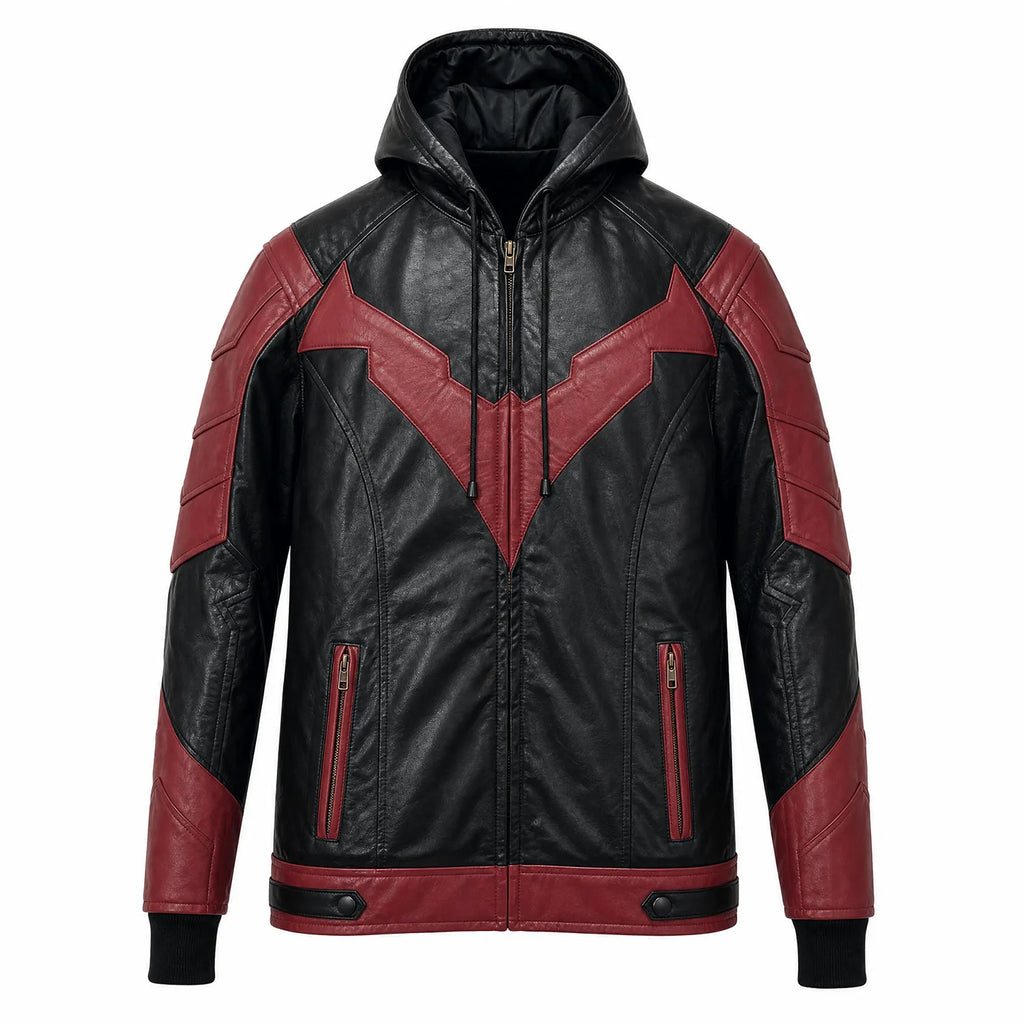 Men's Black Red Hooded Leather Jacket | Hero Inspired Tactical Motorcycle Jacket