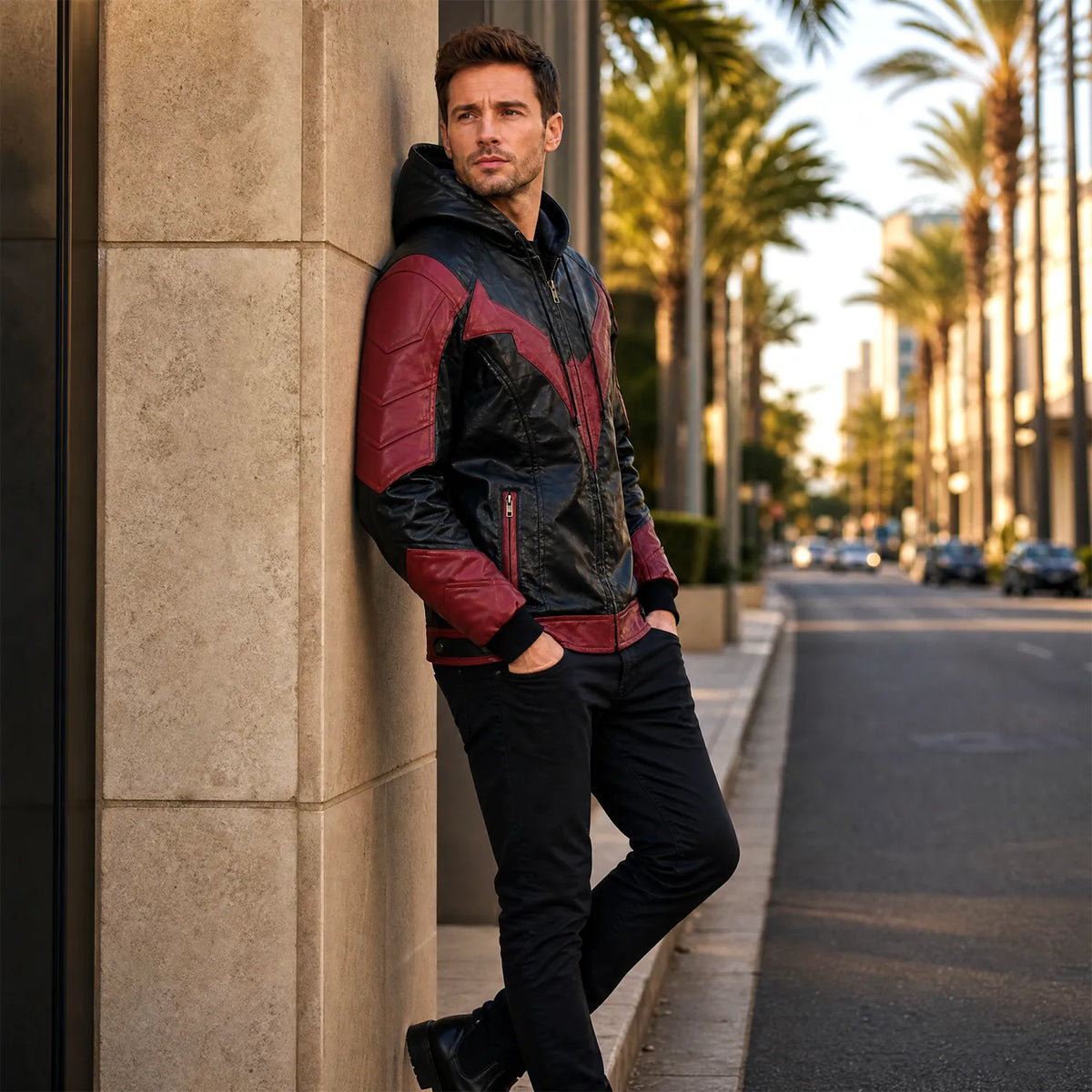 Men's Black Red Hooded Leather Jacket | Hero Inspired Tactical Motorcycle Jacket