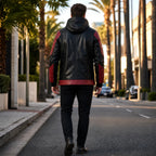 Men's Black Red Hooded Leather Jacket | Hero Inspired Tactical Motorcycle Jacket