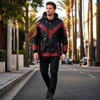 Men's Black Red Hooded Leather Jacket | Hero Inspired Tactical Motorcycle Jacket