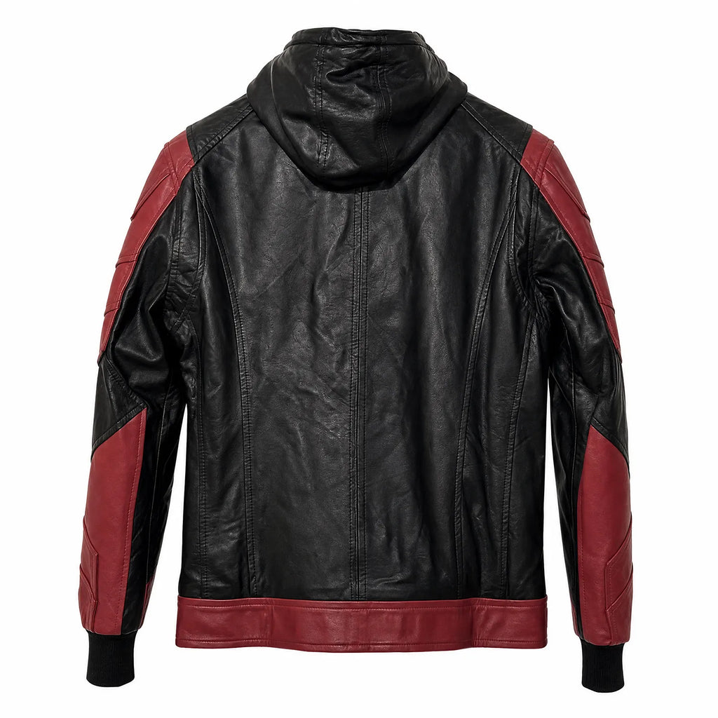 Men's Black Red Hooded Leather Jacket | Hero Inspired Tactical Motorcycle Jacket