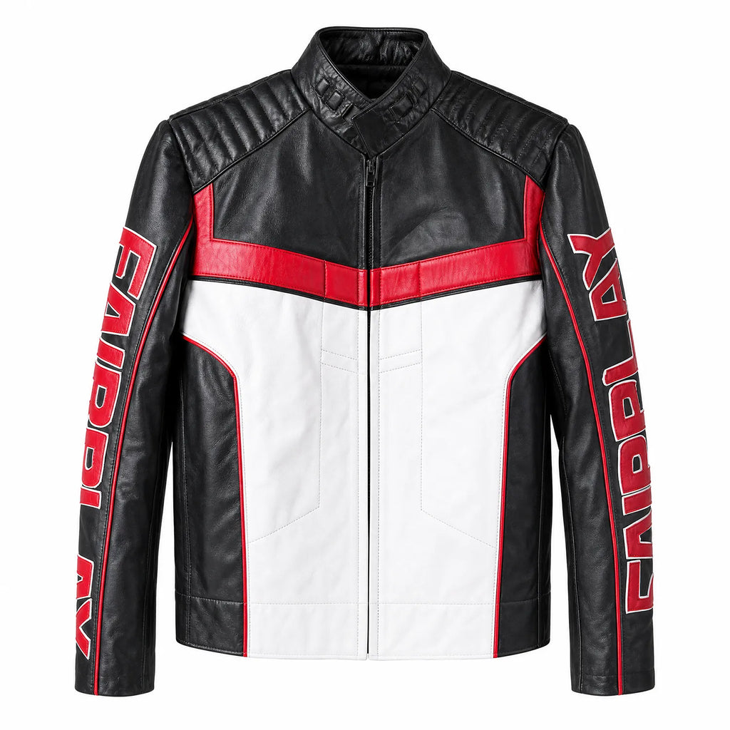 Men's Black Red White Racing Leather Motorcycle Jacket | Premium Biker Style Outerwear