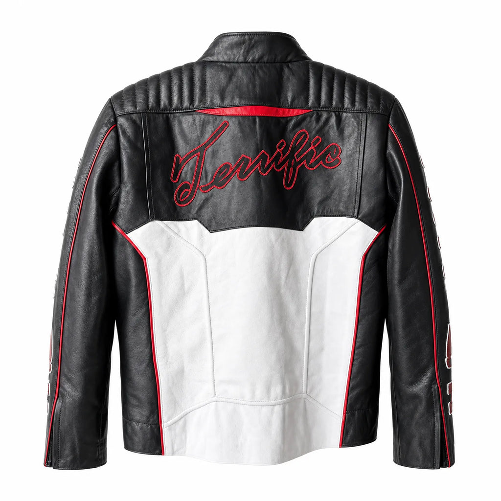 Men's Black Red White Racing Leather Motorcycle Jacket | Premium Biker Style Outerwear