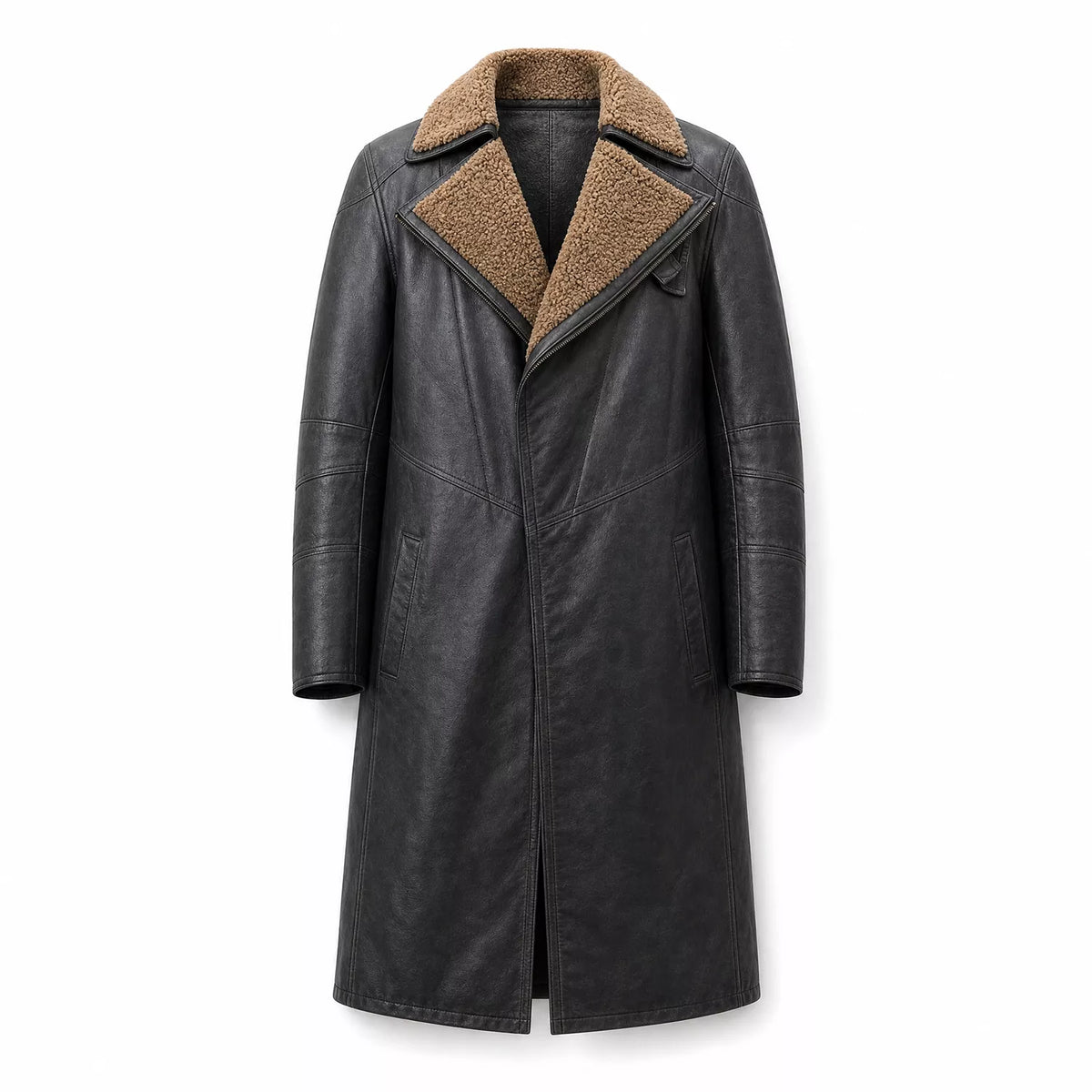 Men’s Black Shearling Leather Trench Coat | Futuristic Sci-Fi Inspired Long Jacket