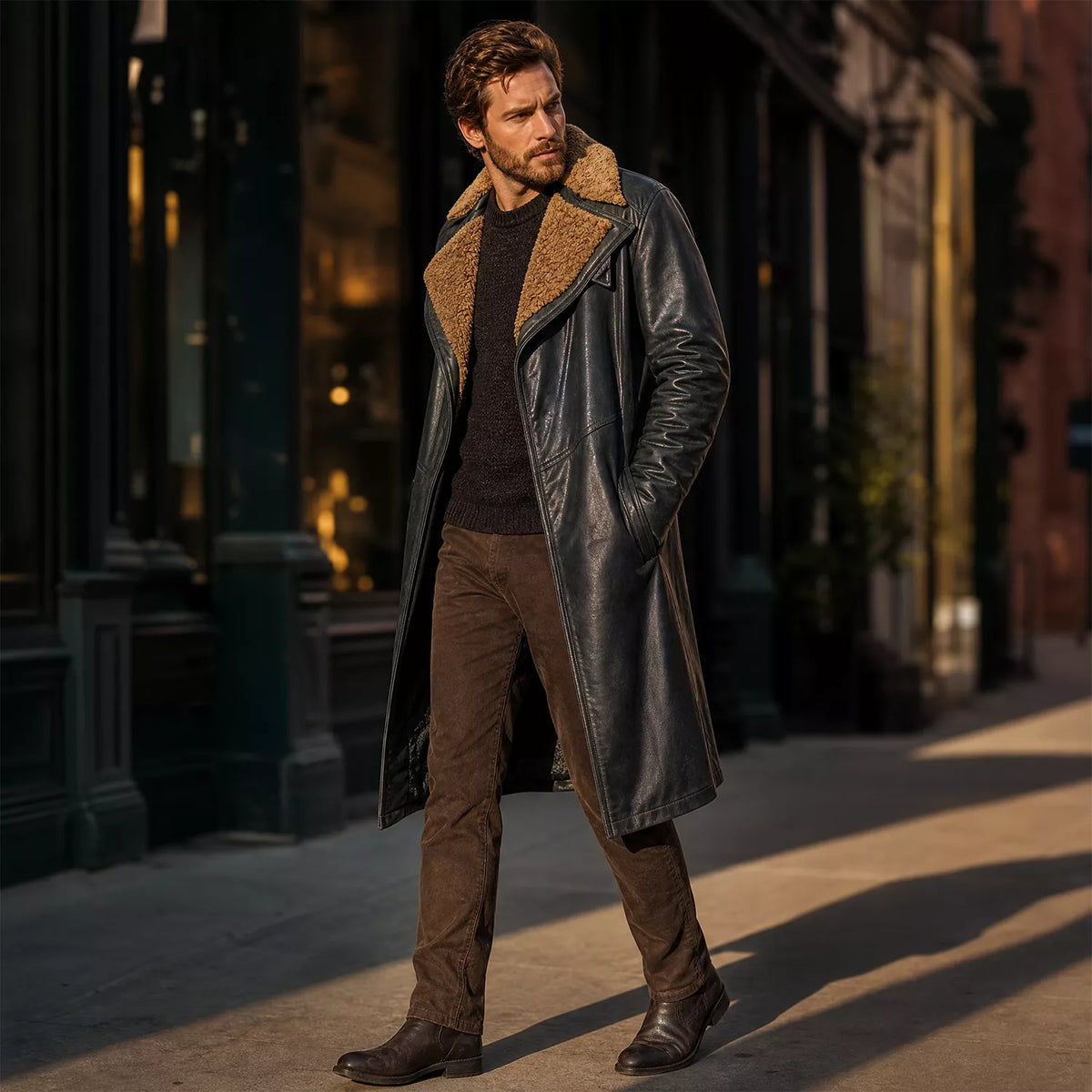 Men’s Black Shearling Leather Trench Coat | Futuristic Sci-Fi Inspired Long Jacket