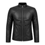 Men’s Black Skull Emblem Leather Biker Jacket | Zip-Up Moto Jacket
