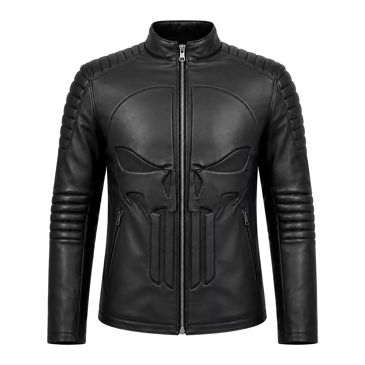 Men’s Black Skull Emblem Leather Biker Jacket | Zip-Up Moto Jacket