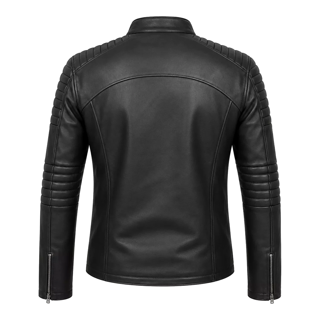 Men’s Black Skull Emblem Leather Biker Jacket | Zip-Up Moto Jacket
