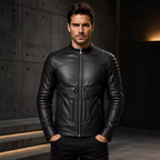 Men’s Black Skull Emblem Leather Biker Jacket | Zip-Up Moto Jacket