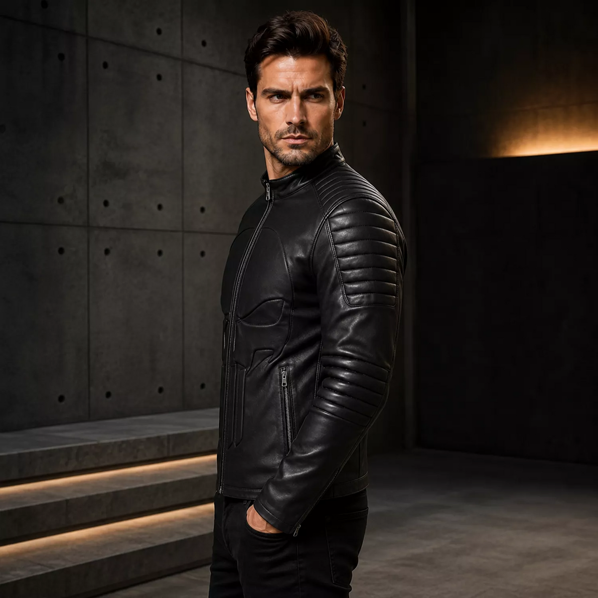 Men’s Black Skull Emblem Leather Biker Jacket | Zip-Up Moto Jacket