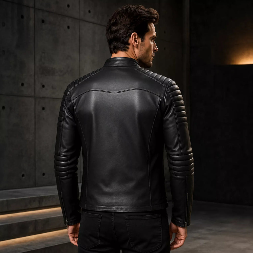 Men’s Black Skull Emblem Leather Biker Jacket | Zip-Up Moto Jacket
