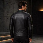 Men’s Black Skull Emblem Leather Biker Jacket | Zip-Up Moto Jacket
