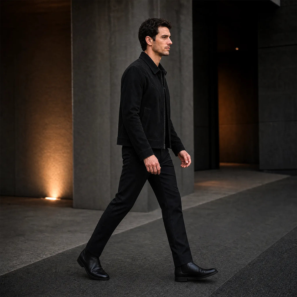 Men’s Black Suede Zip Jacket | Premium Leather Casual Utility Outerwear