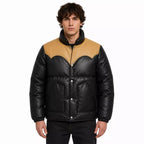 Men’s Black Tan Leather Puffer Jacket | Snap Button Winter Jacket