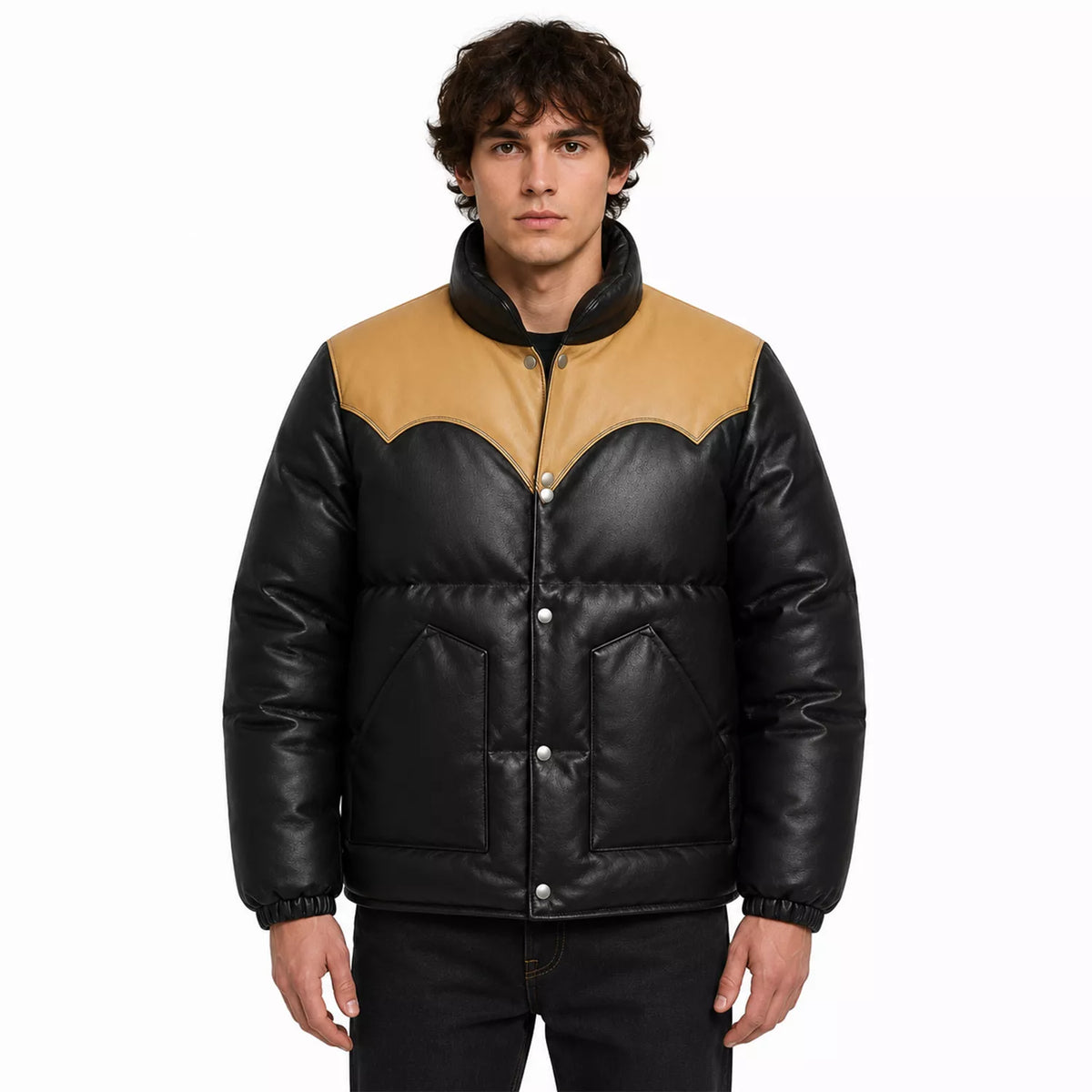 Men’s Black Tan Leather Puffer Jacket | Snap Button Winter Jacket