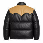 Men’s Black Tan Leather Puffer Jacket | Snap Button Winter Jacket