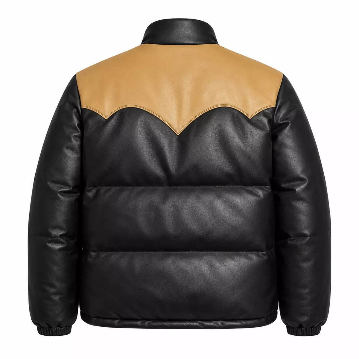 Men’s Black Tan Leather Puffer Jacket | Snap Button Winter Jacket