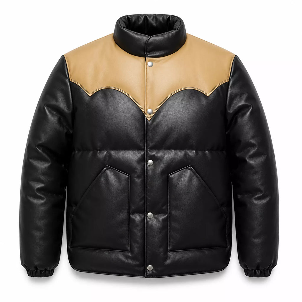 Men’s Black Tan Leather Puffer Jacket | Snap Button Winter Jacket