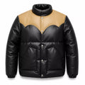 Men’s Black Tan Leather Puffer Jacket | Snap Button Winter Jacket