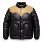 Men’s Black Tan Leather Puffer Jacket | Snap Button Winter Jacket