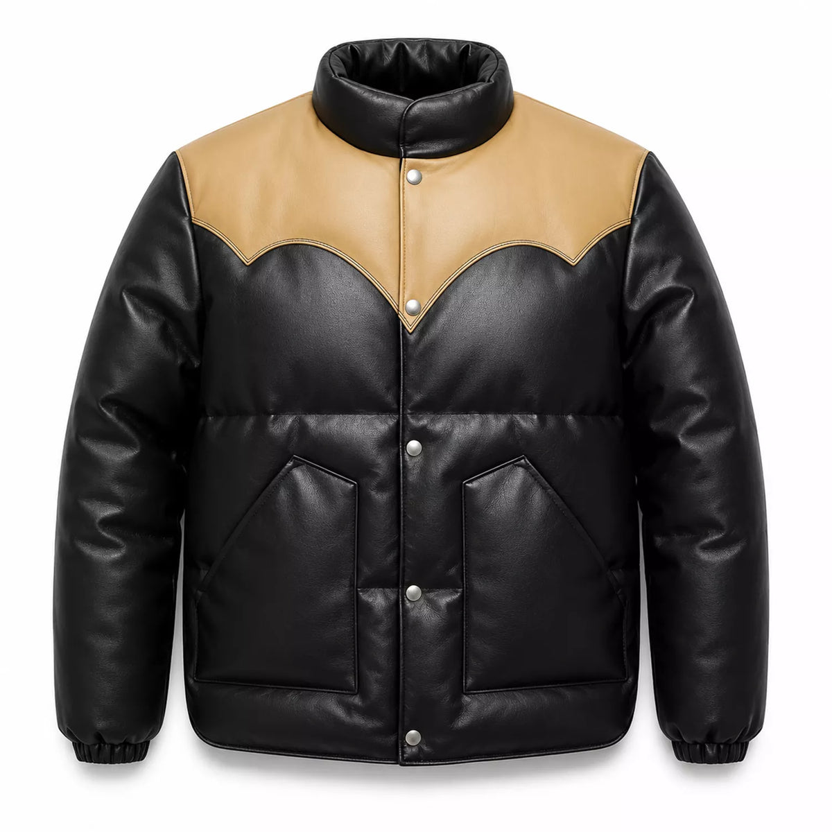Men’s Black Tan Leather Puffer Jacket | Snap Button Winter Jacket
