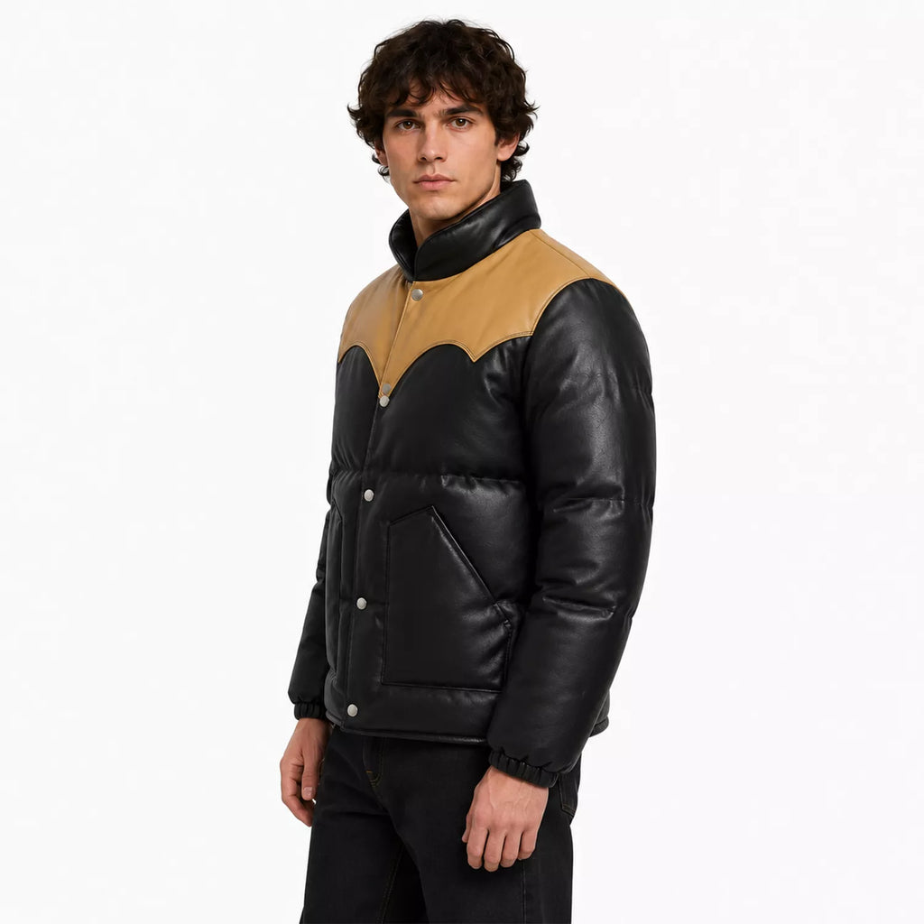 Men’s Black Tan Leather Puffer Jacket | Snap Button Winter Jacket