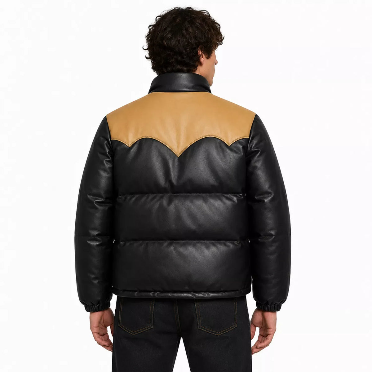 Men’s Black Tan Leather Puffer Jacket | Snap Button Winter Jacket