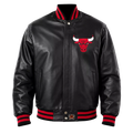 Men’s Black Varsity Leather Jacket with Red Ribbed Trim and Bulls Logo