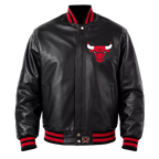 Men’s Black Varsity Leather Jacket with Red Ribbed Trim and Bulls Logo