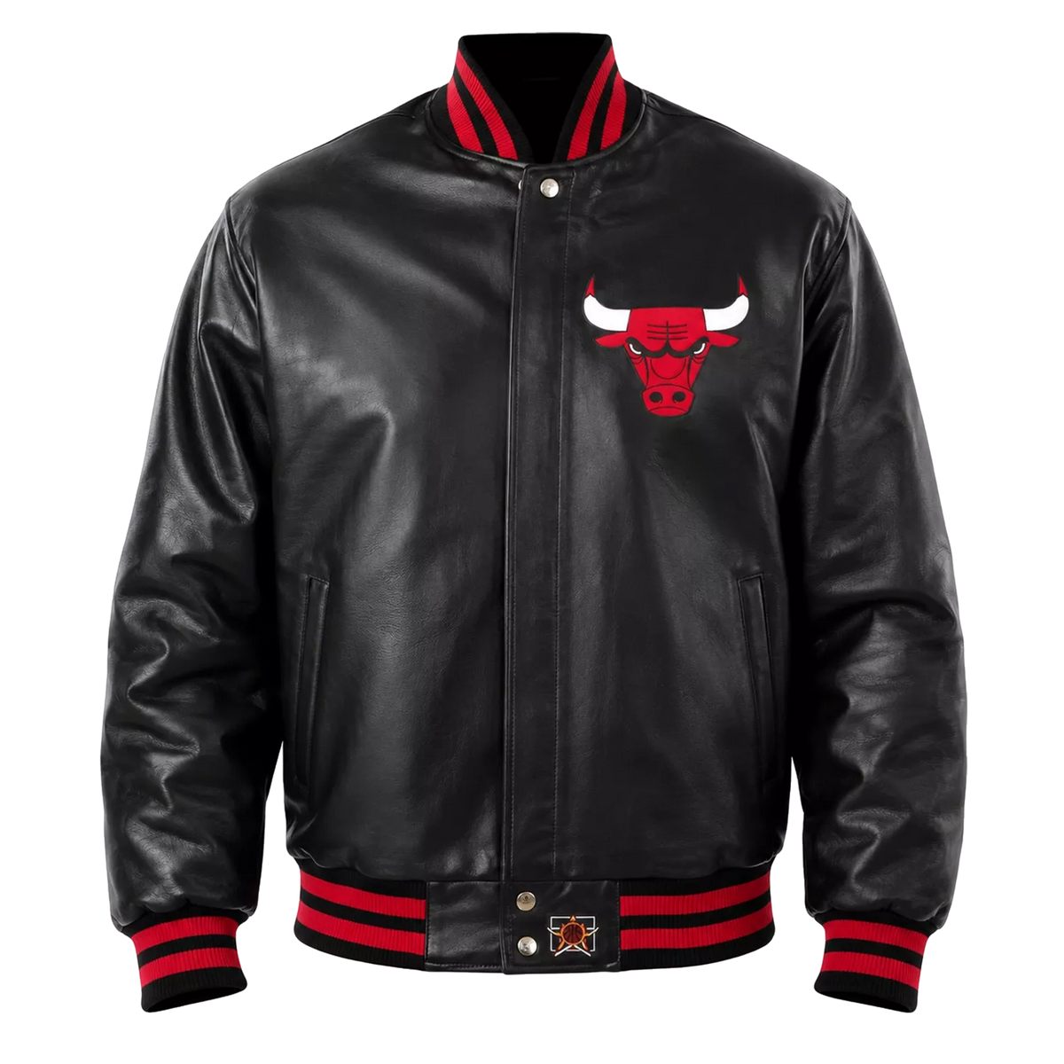 Men’s Black Varsity Leather Jacket with Red Ribbed Trim and Bulls Logo