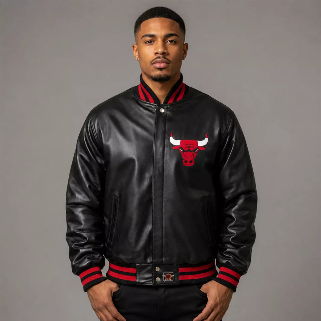 Men’s Black Varsity Leather Jacket with Red Ribbed Trim and Bulls Logo
