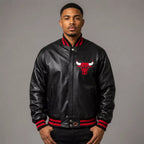 Men’s Black Varsity Leather Jacket with Red Ribbed Trim and Bulls Logo