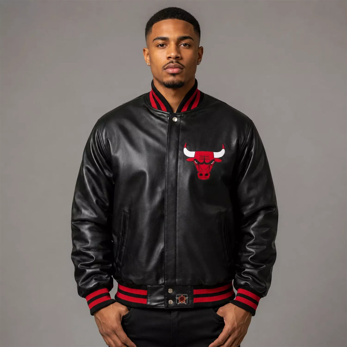 Men’s Black Varsity Leather Jacket with Red Ribbed Trim and Bulls Logo
