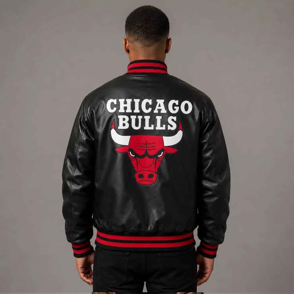 Men’s Black Varsity Leather Jacket with Red Ribbed Trim and Bulls Logo