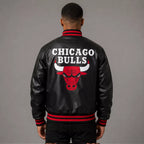 Men’s Black Varsity Leather Jacket with Red Ribbed Trim and Bulls Logo