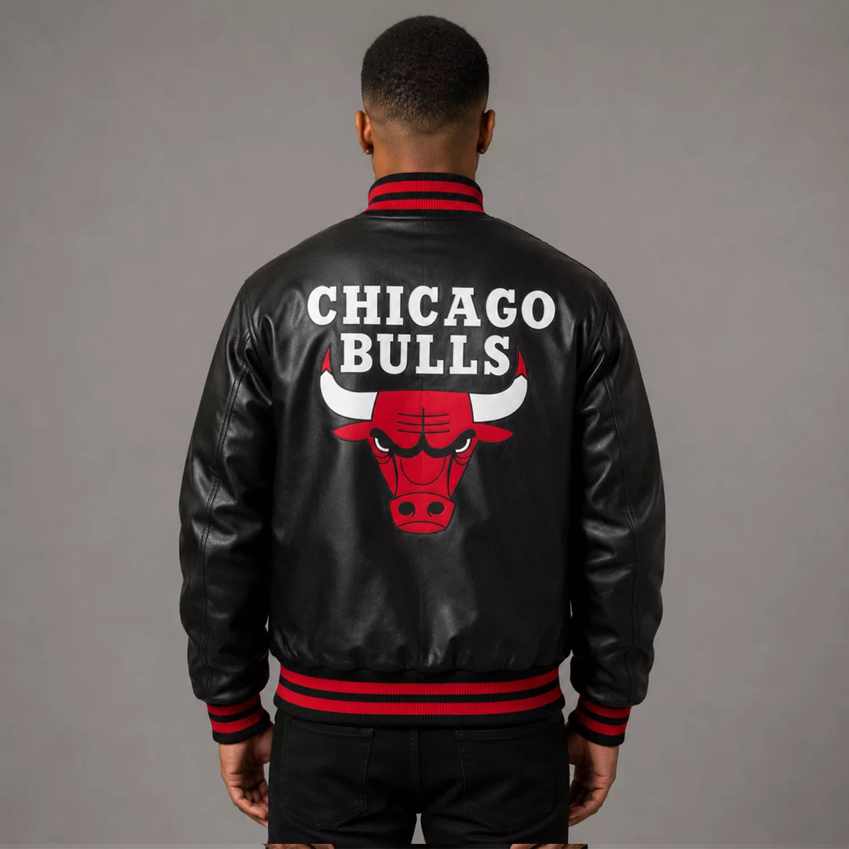 Men’s Black Varsity Leather Jacket with Red Ribbed Trim and Bulls Logo