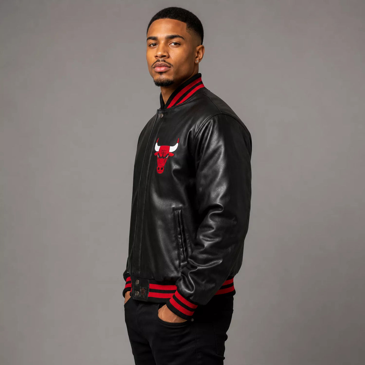 Men’s Black Varsity Leather Jacket with Red Ribbed Trim and Bulls Logo