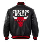 Men’s Black Varsity Leather Jacket with Red Ribbed Trim and Bulls Logo