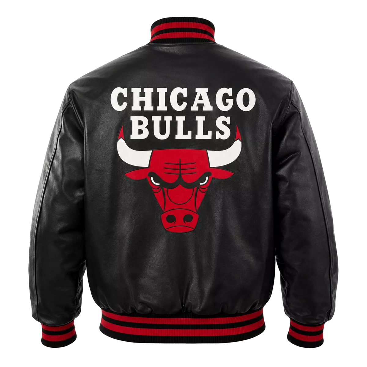 Men’s Black Varsity Leather Jacket with Red Ribbed Trim and Bulls Logo