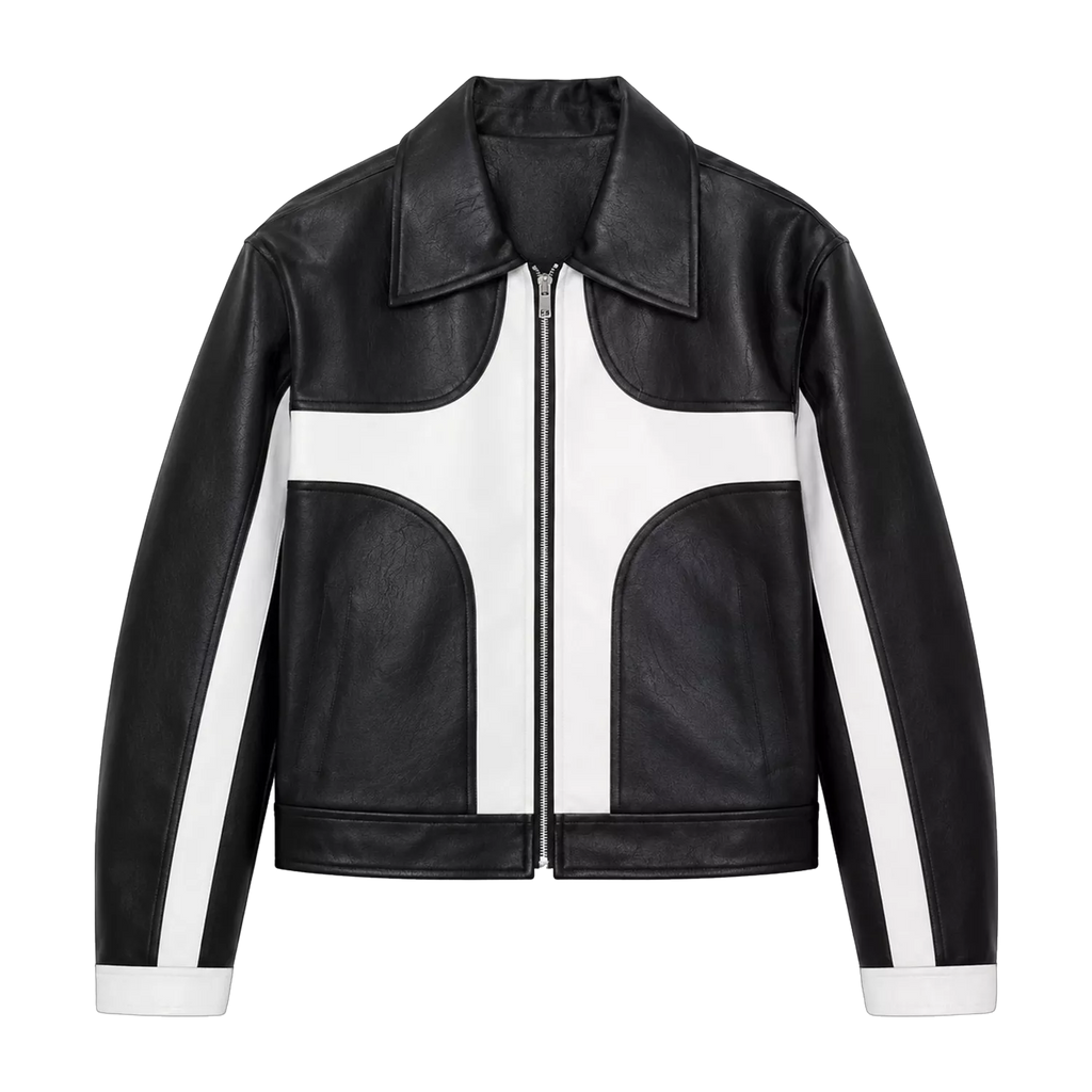 Men’s Black White Leather Moto Jacket | Zip-Up Biker Style Jacket