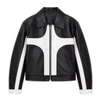 Men’s Black White Leather Moto Jacket | Zip-Up Biker Style Jacket