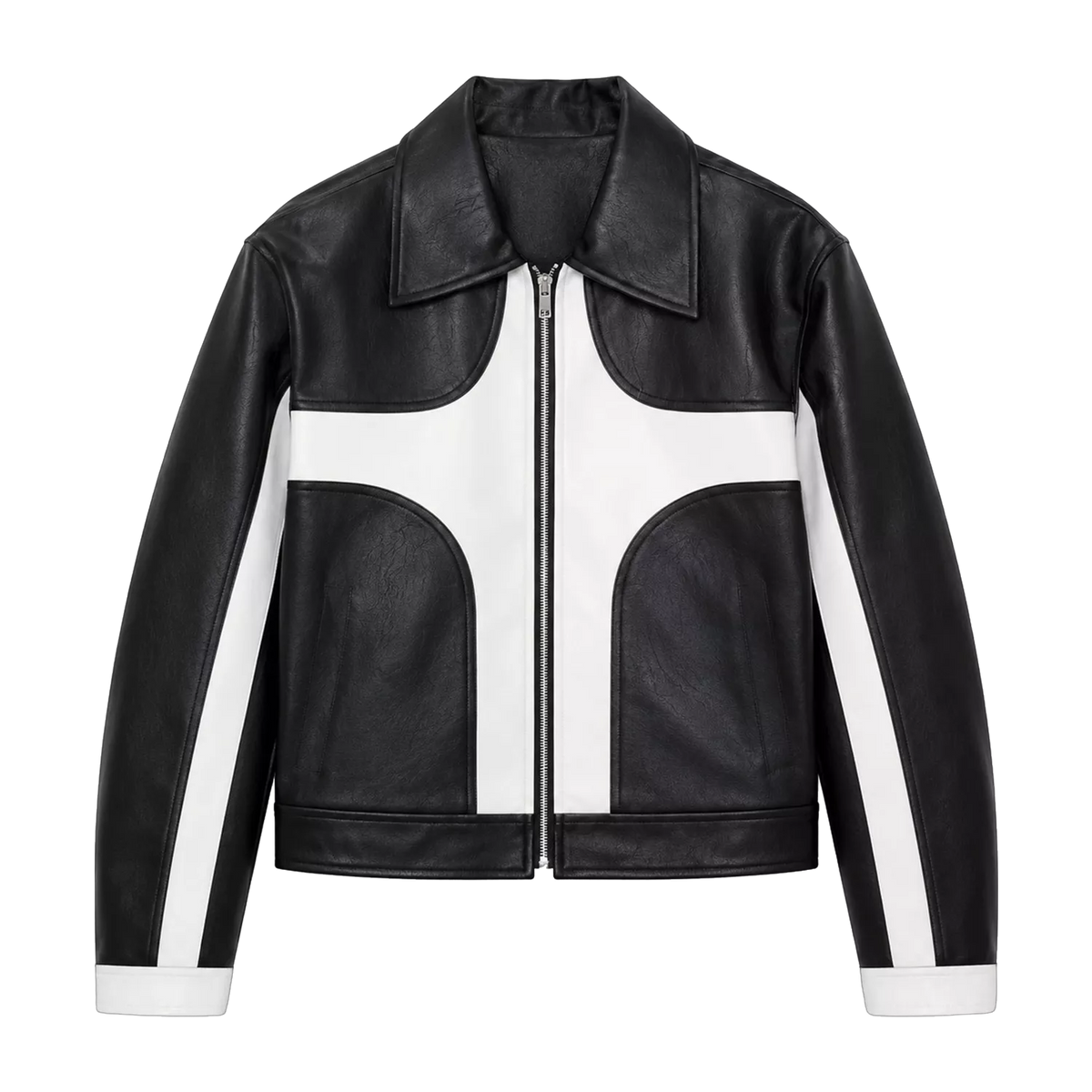 Men’s Black White Leather Moto Jacket | Zip-Up Biker Style Jacket