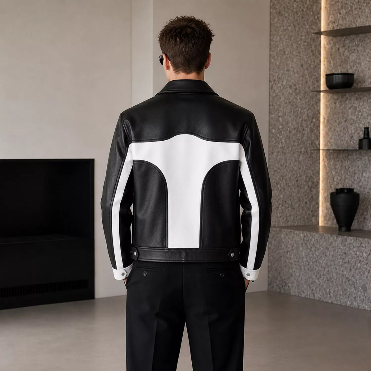 Men’s Black White Leather Moto Jacket | Zip-Up Biker Style Jacket