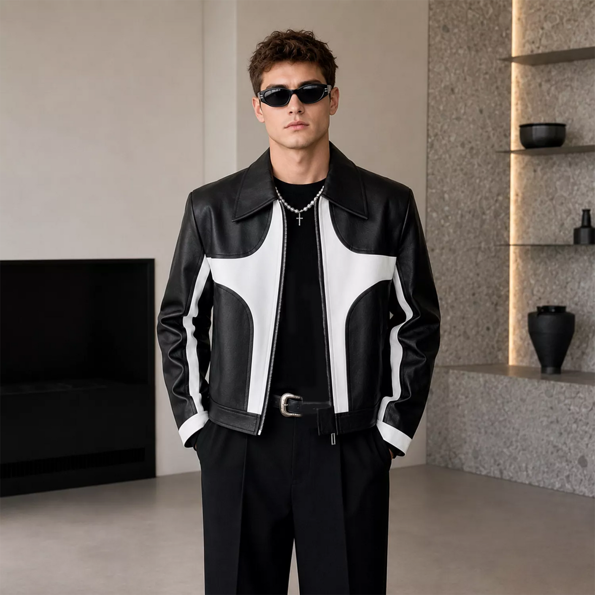 Men’s Black White Leather Moto Jacket | Zip-Up Biker Style Jacket
