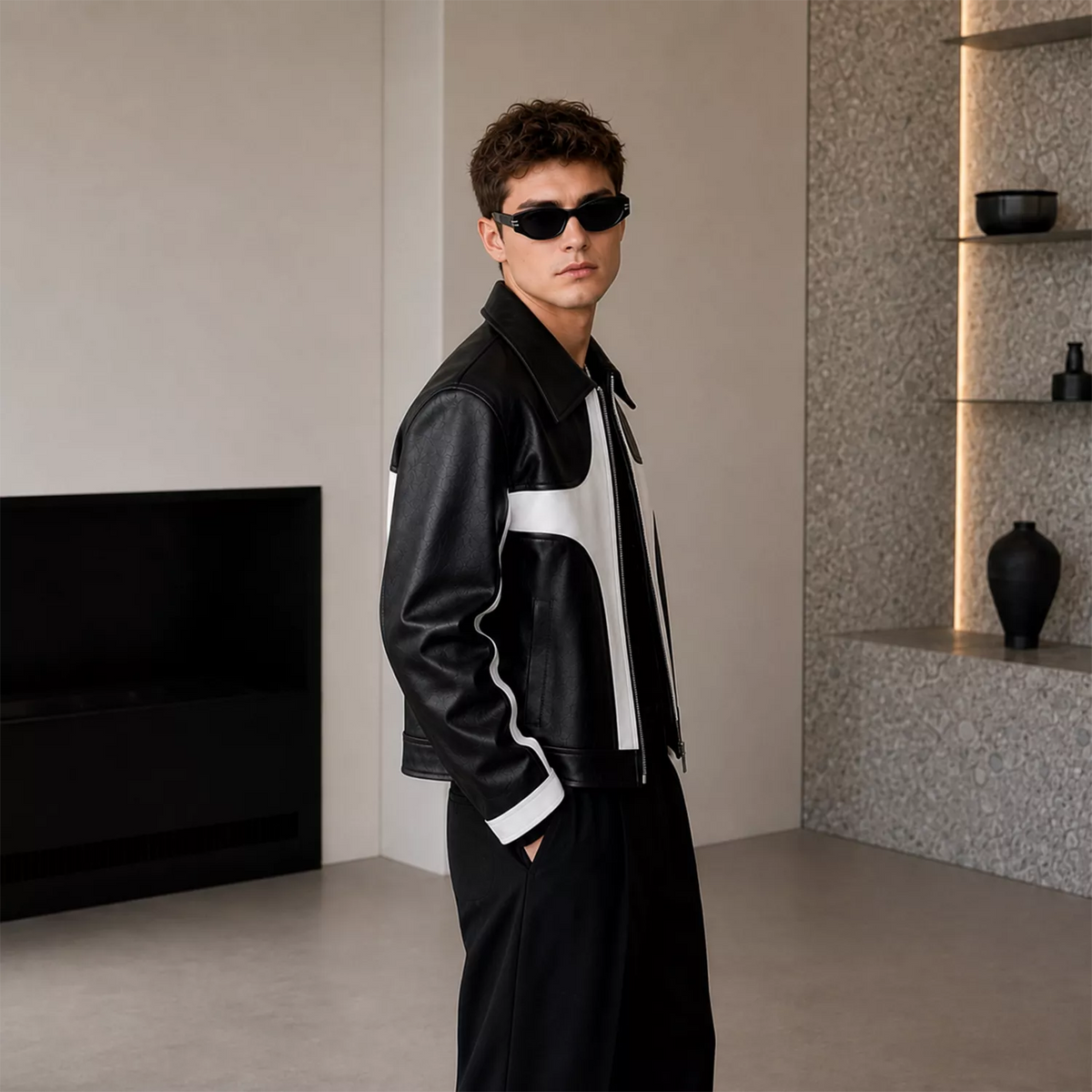 Men’s Black White Leather Moto Jacket | Zip-Up Biker Style Jacket