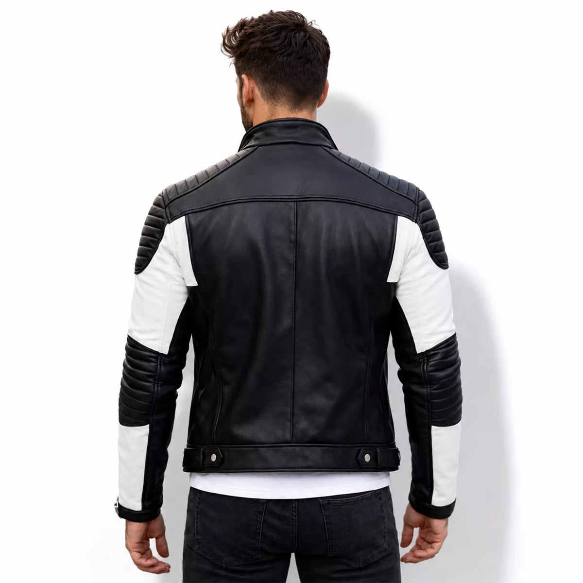 Men’s Black White Quilted Leather Biker Jacket | Moto Style Zip Jacket