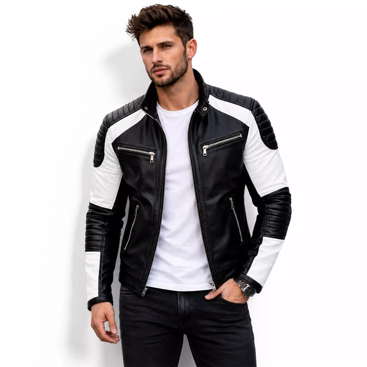 Men’s Black White Quilted Leather Biker Jacket | Moto Style Zip Jacket