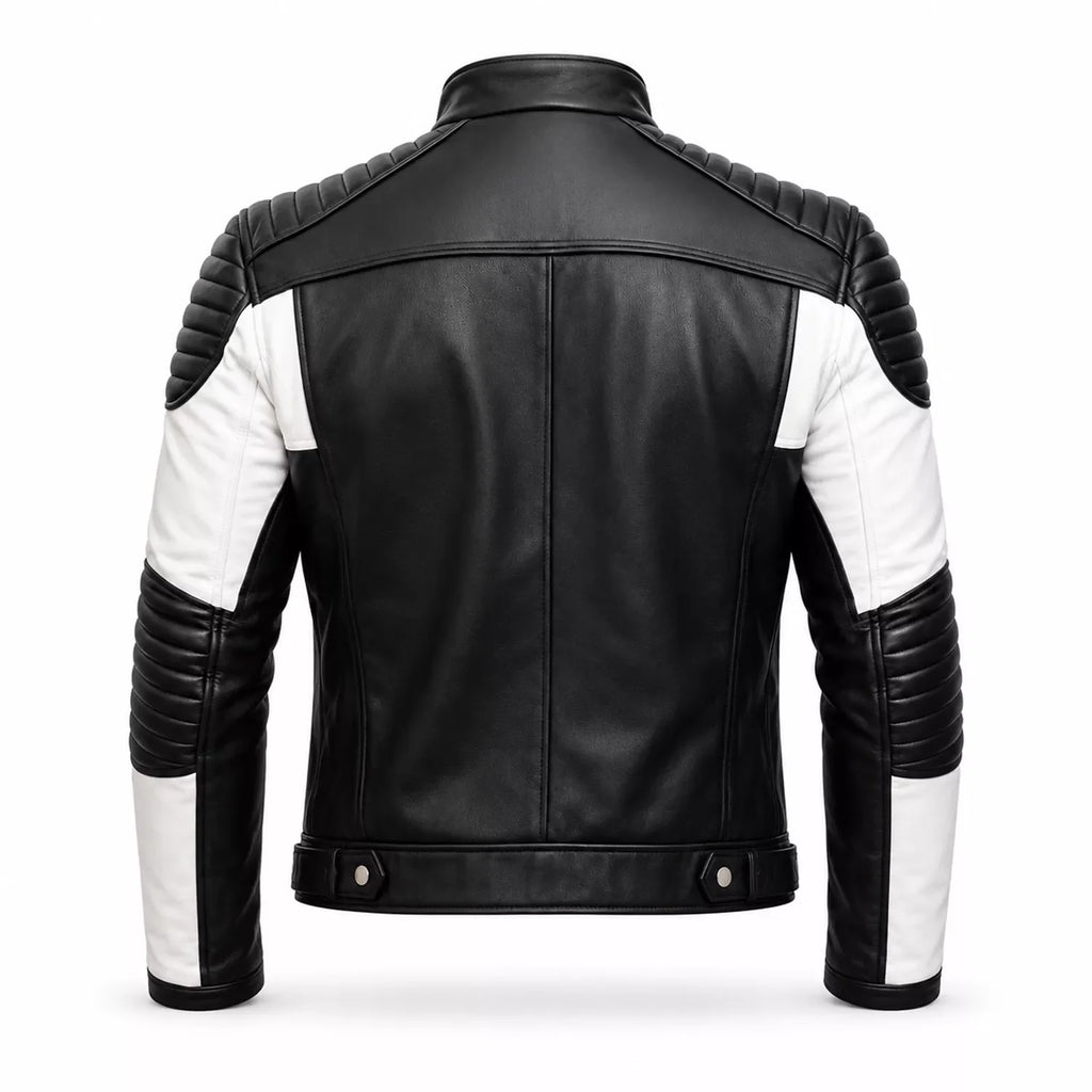 Men’s Black White Quilted Leather Biker Jacket | Moto Style Zip Jacket