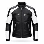 Men’s Black White Quilted Leather Biker Jacket | Moto Style Zip Jacket