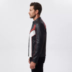 Men’s Black White Red Leather Moto Jacket | Cropped Racing Style Jacket
